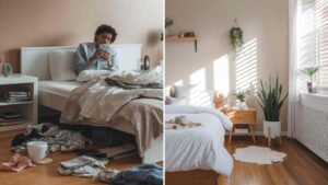 Split-screen comparison of real-life chaos vs. idealized social media posts, illustrating unrealistic comparisons.