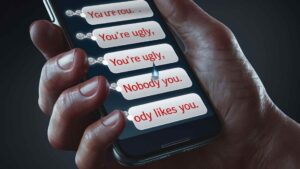 Smartphone displaying cyberbullying comments, symbolizing the emotional impact of online harassment.