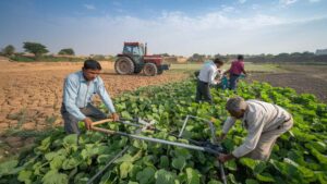 An image depicting farmers engaged in agricultural activities, highlighting the budget's focus on agriculture and farmer welfare.